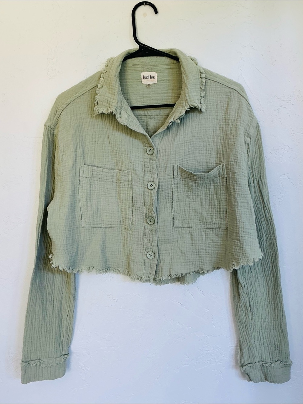 Peach Love California Cropped Button-Down Gauze Shirt in Sage Green